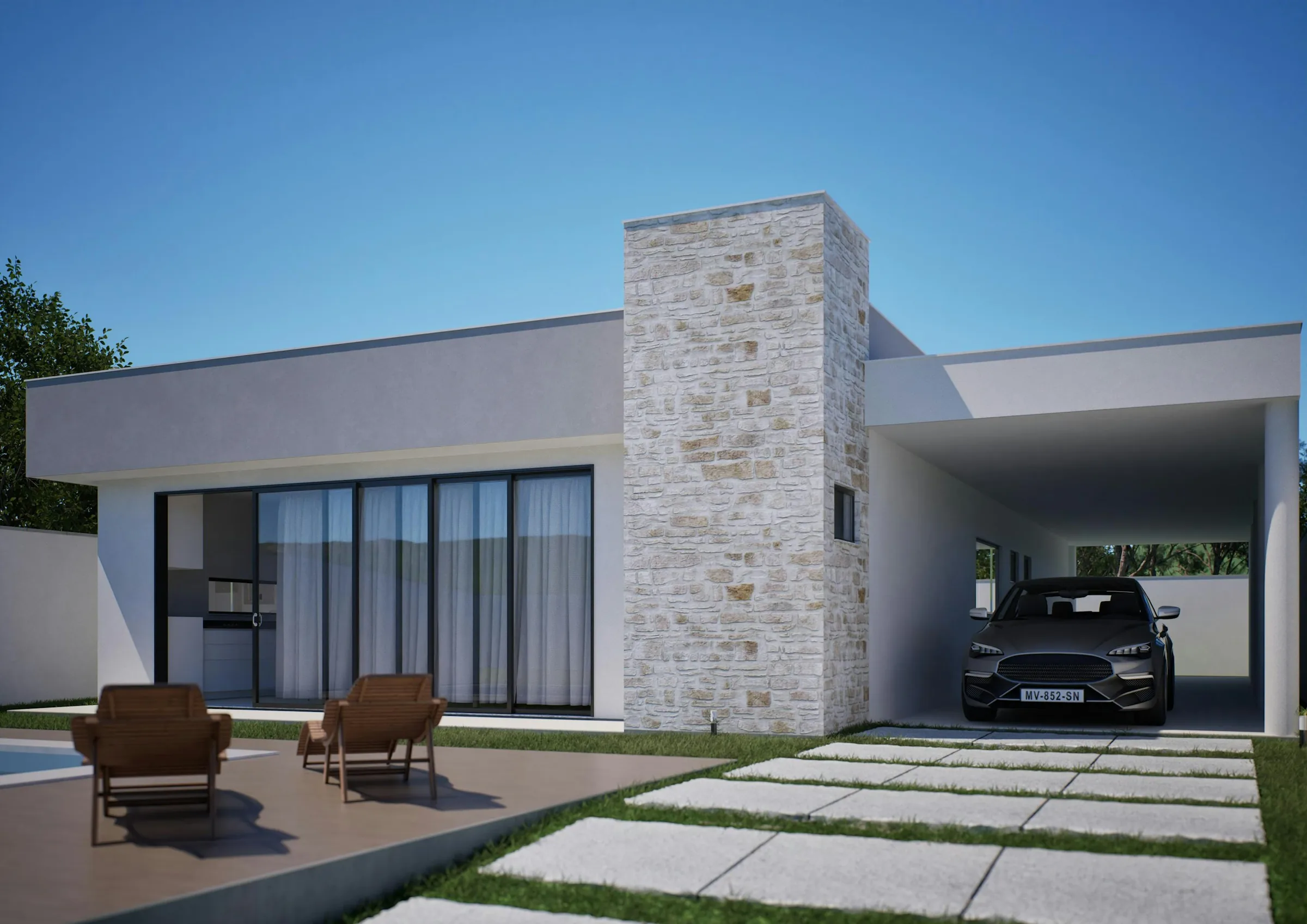Moderner Bungalow mit Flachdach-Carport